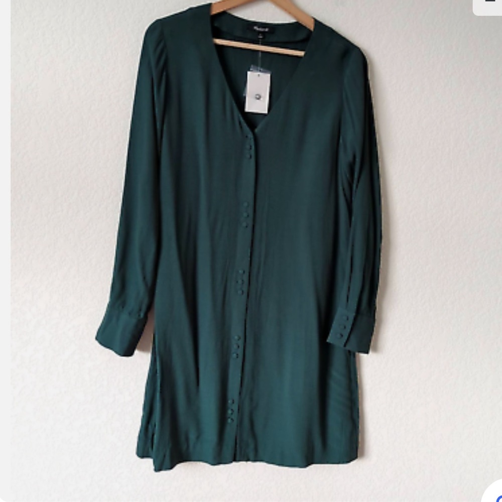 Madewell Smokey Spruce Green Mini Shift Dress Button Front Longsleeve